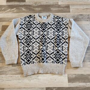 Vintage Wool Sweater Mens Large Beige Fisherman Nordic Geometric Pullover 90s